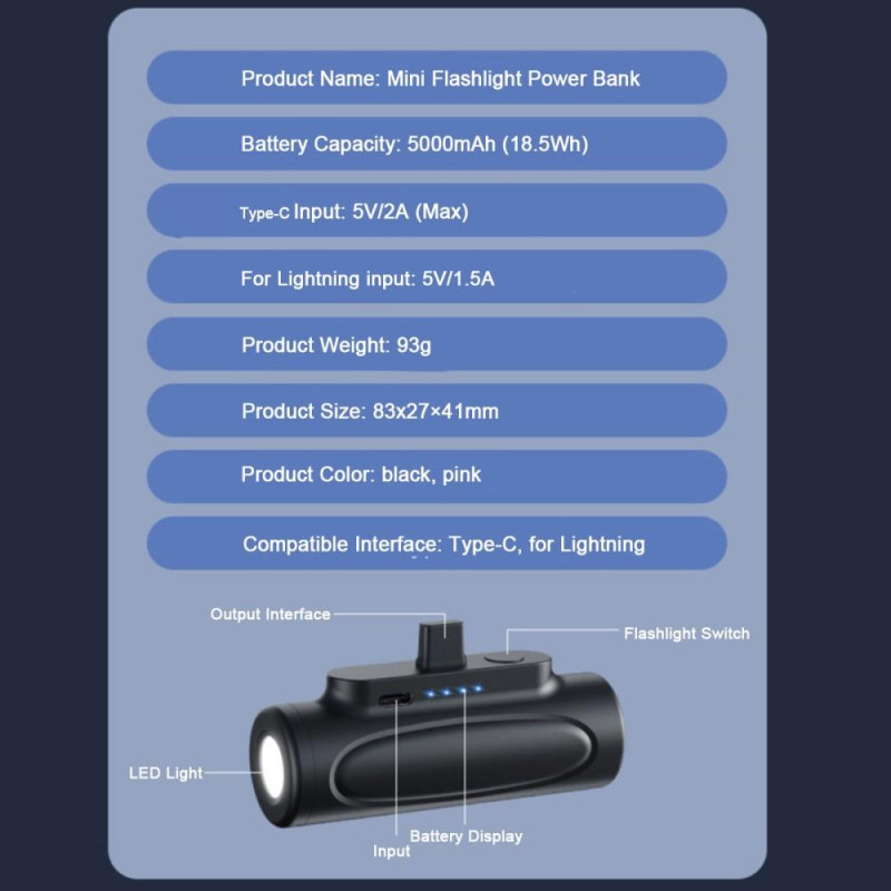 5000mAh Portable Phone Charger USB - C with Flashlight