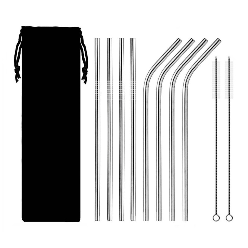 8stk rustfrit stål metalsugerør 8,5 „genanvendelige drikkehalm+2 stk børster - sølv