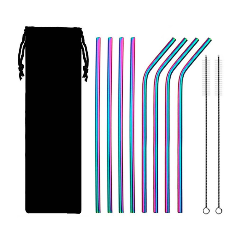 8Pcs Stainless Steel Metal Straws 8.5'' Reusable Drinking Straws+2 Pcs Brushes - Multicoloured