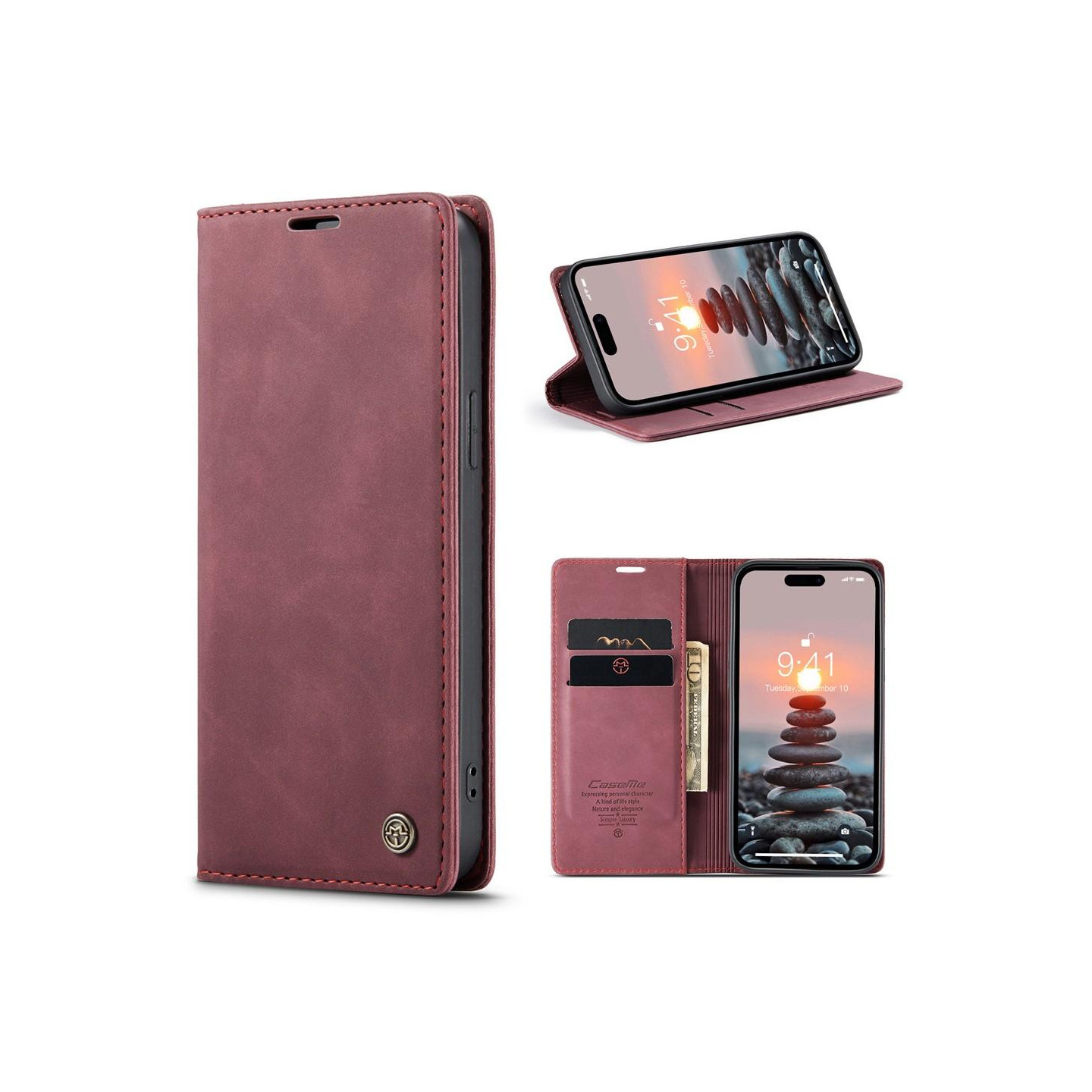 CASEME Retro lompakkokotelo iPhone 15 Prolle - Punainen