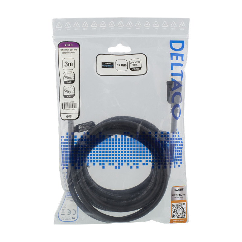 DELTACO HDMI 2.0 - kabel, HDMI Type A ha, guldpläterad, 3m