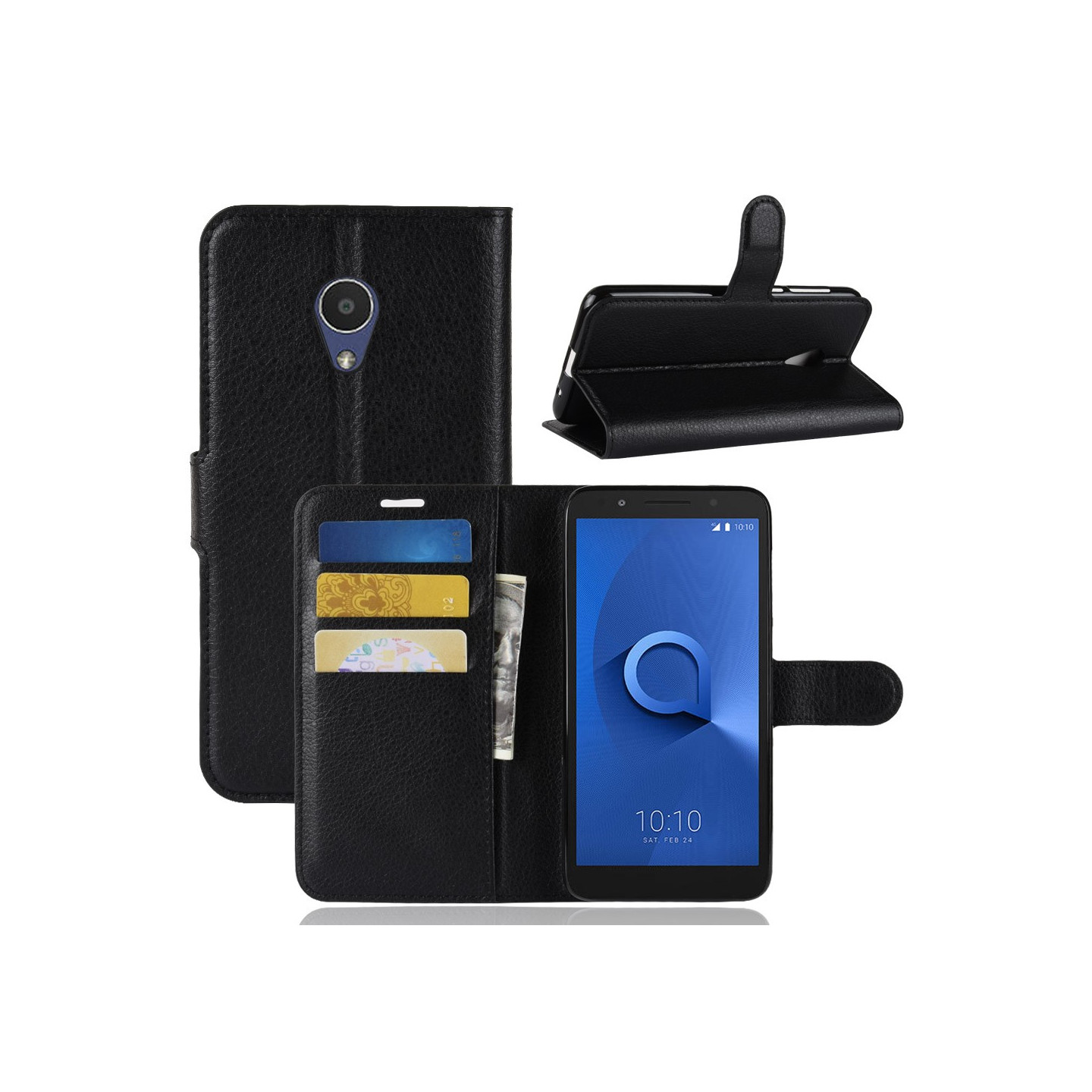 Litchi Texture Wallet Stand Flip Suojakuori - Alcatel 1X - Musta