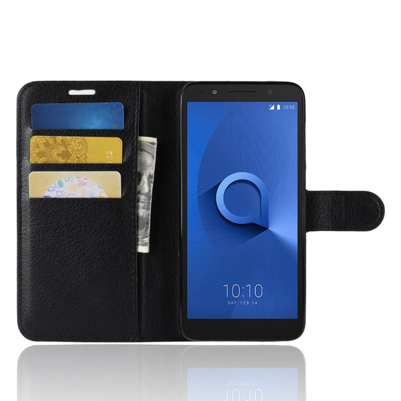 Litchi Texture Wallet Stand Flip Suojakuori - Alcatel 1X - Musta