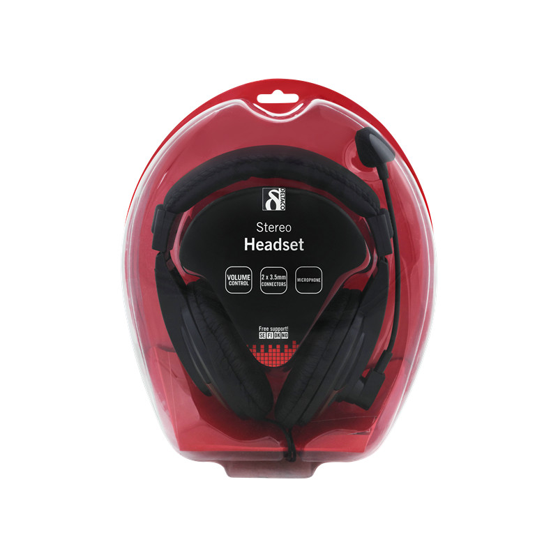 DELTACO headset, sluten, volymkontroll på kabeln, 2x3,5mm, 2m