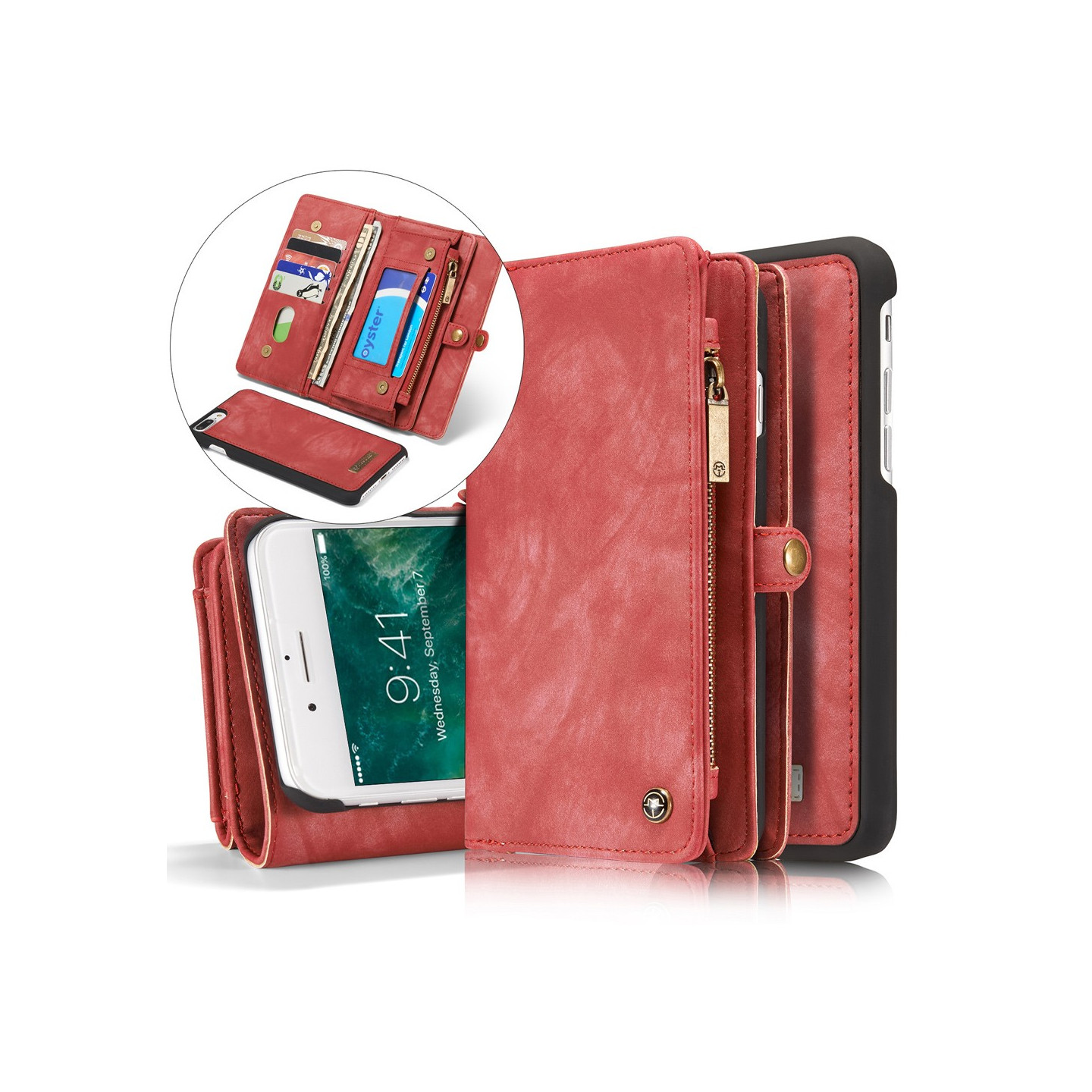 CASEME iPhone 7 Plus / 8 Plus Retro Split läder plånbokscase - Red