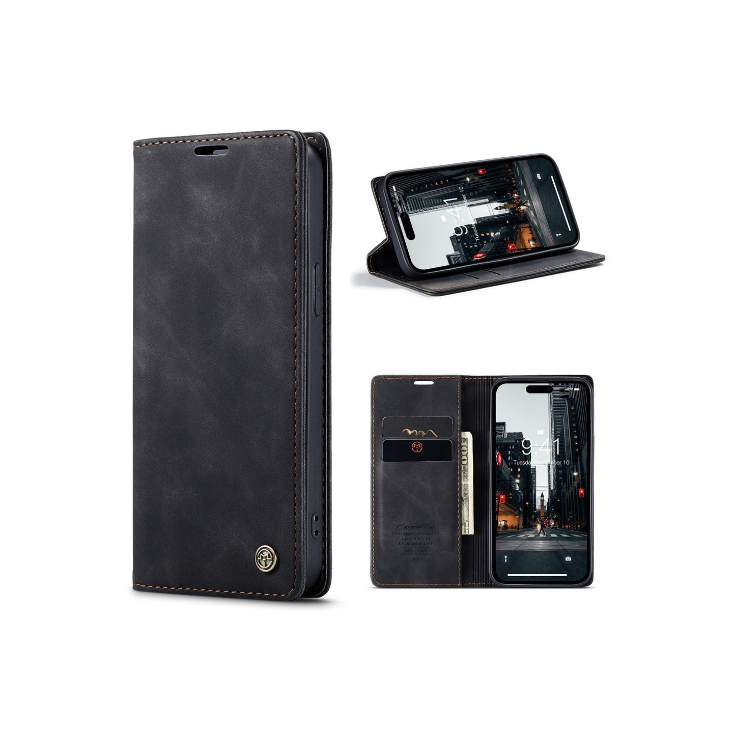 CASEME Retro lompakkokotelo iPhone 15 Prolle - Musta