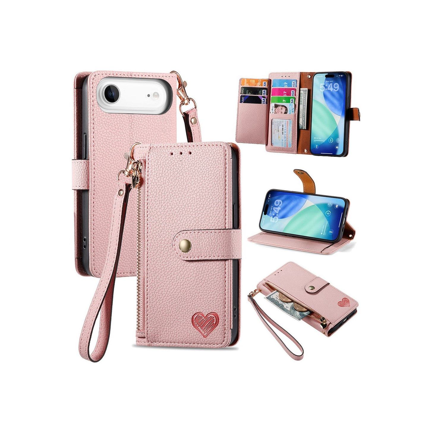 For iPhone Air Case RFID Blocking Zipper Pocket Wallet Phone Cover with Strap