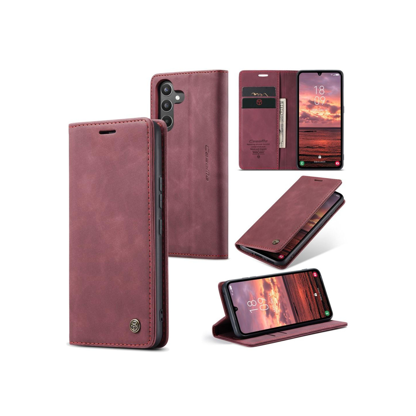 CASEME Retro Wallet Case for Samsung Galaxy A34 - Wine Red