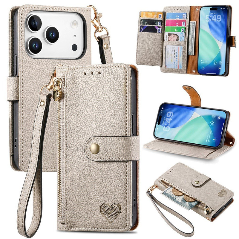 For iPhone 17 Pro Max Case RFID Blocking Zipper Pocket Wallet Phone Cover with Strap