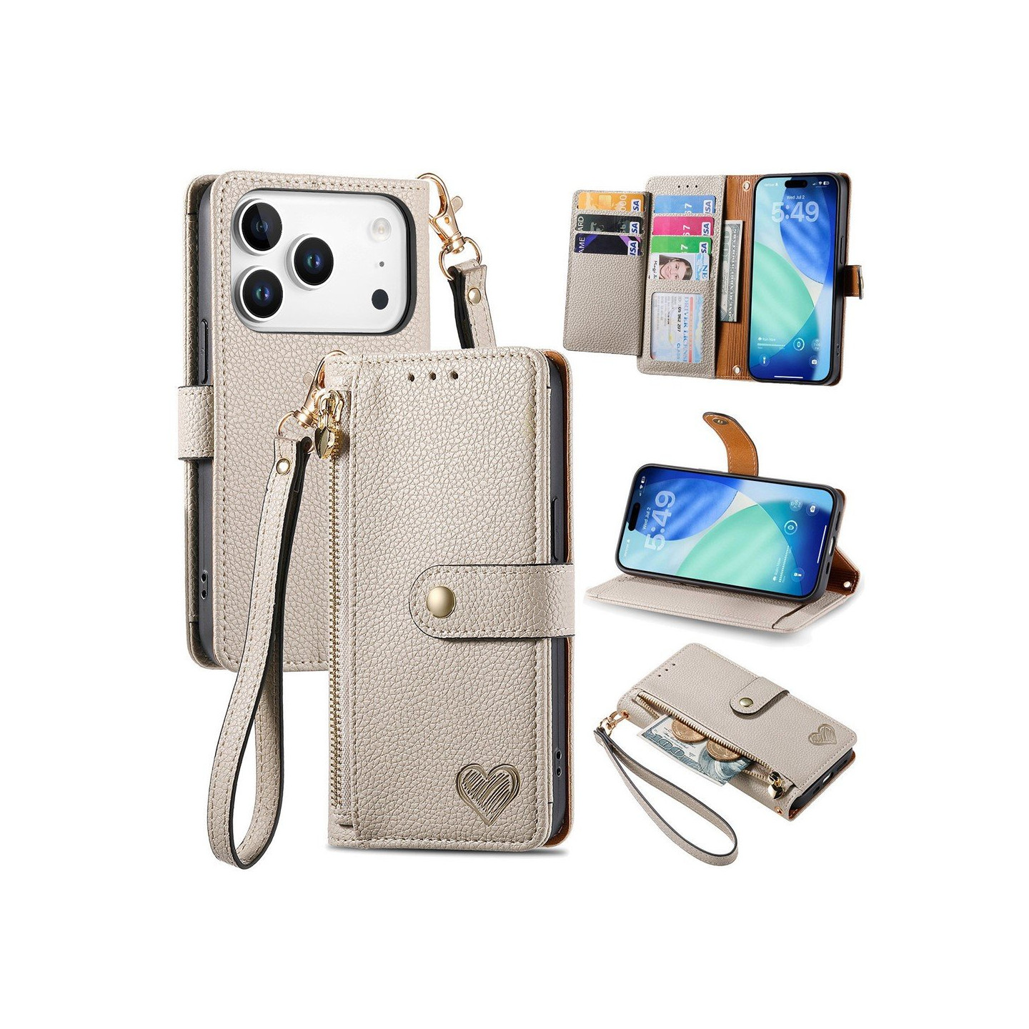 For iPhone 17 Pro Max Case RFID Blocking Zipper Pocket Wallet Phone Cover with Strap