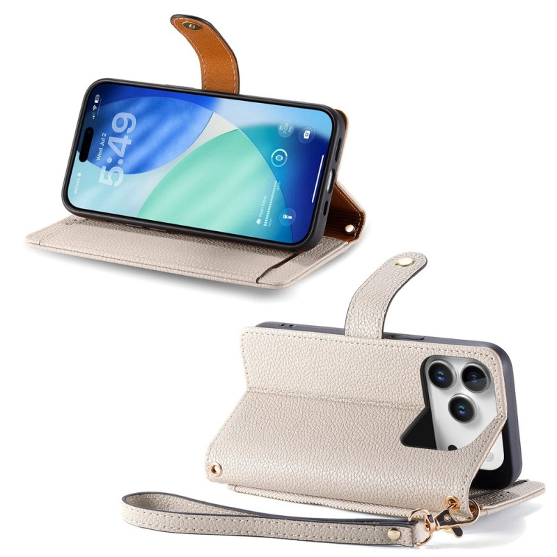 For iPhone 17 Pro Max Case RFID Blocking Zipper Pocket Wallet Phone Cover with Strap