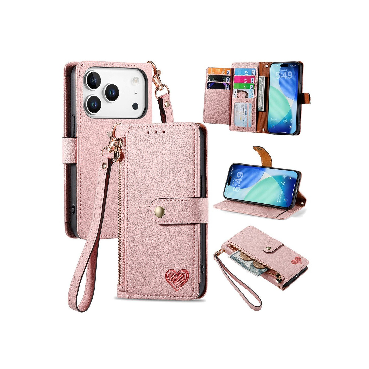 For iPhone 17 Pro Max Case RFID Blocking Zipper Pocket Wallet Phone Cover with Strap