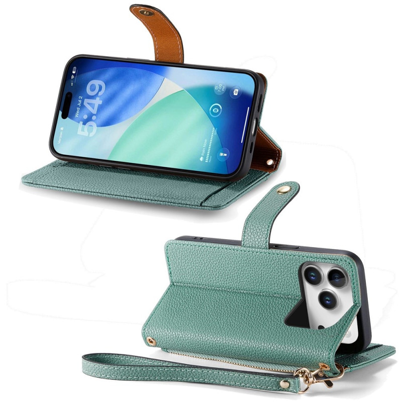 For iPhone 17 Pro Max Case RFID Blocking Zipper Pocket Wallet Phone Cover with Strap