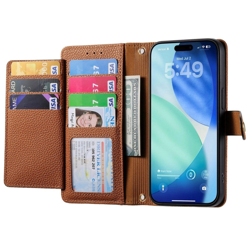 For iPhone 17 Pro Max Case RFID Blocking Zipper Pocket Wallet Phone Cover with Strap