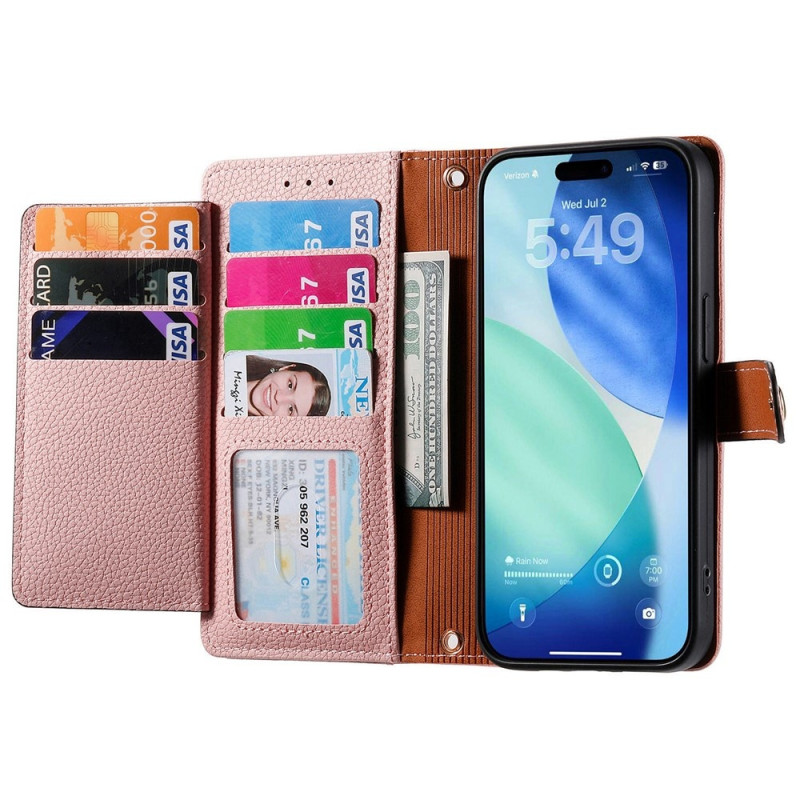 For iPhone 17 Pro Max Case RFID Blocking Zipper Pocket Wallet Phone Cover with Strap