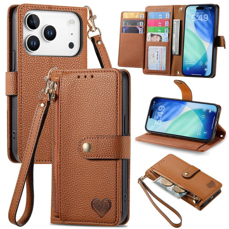 For iPhone 17 Pro Case RFID Blocking Zipper Pocket Wallet Phone Cover with Strap