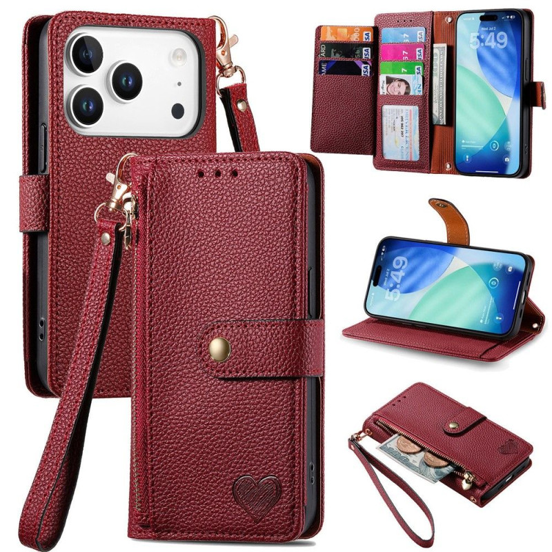 For iPhone 17 Pro Case RFID Blocking Zipper Pocket Wallet Phone Cover with Strap
