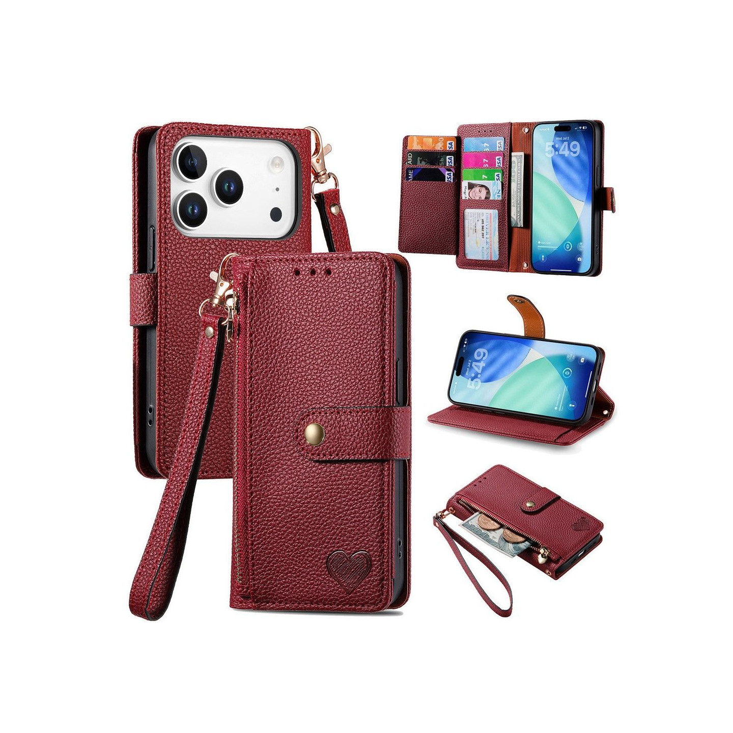 For iPhone 17 Pro Case RFID Blocking Zipper Pocket Wallet Phone Cover with Strap