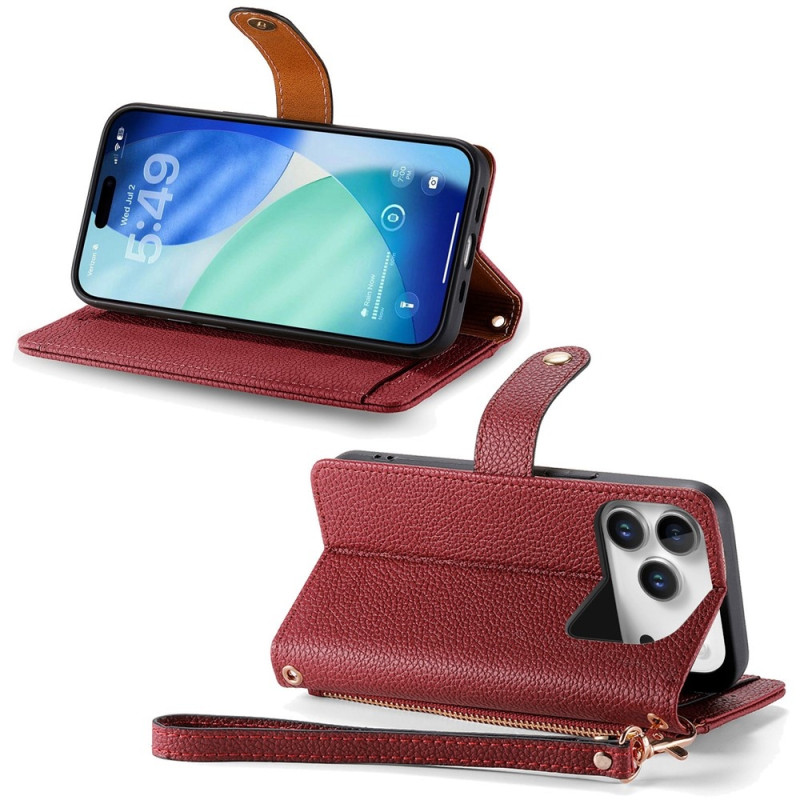 For iPhone 17 Pro Case RFID Blocking Zipper Pocket Wallet Phone Cover with Strap