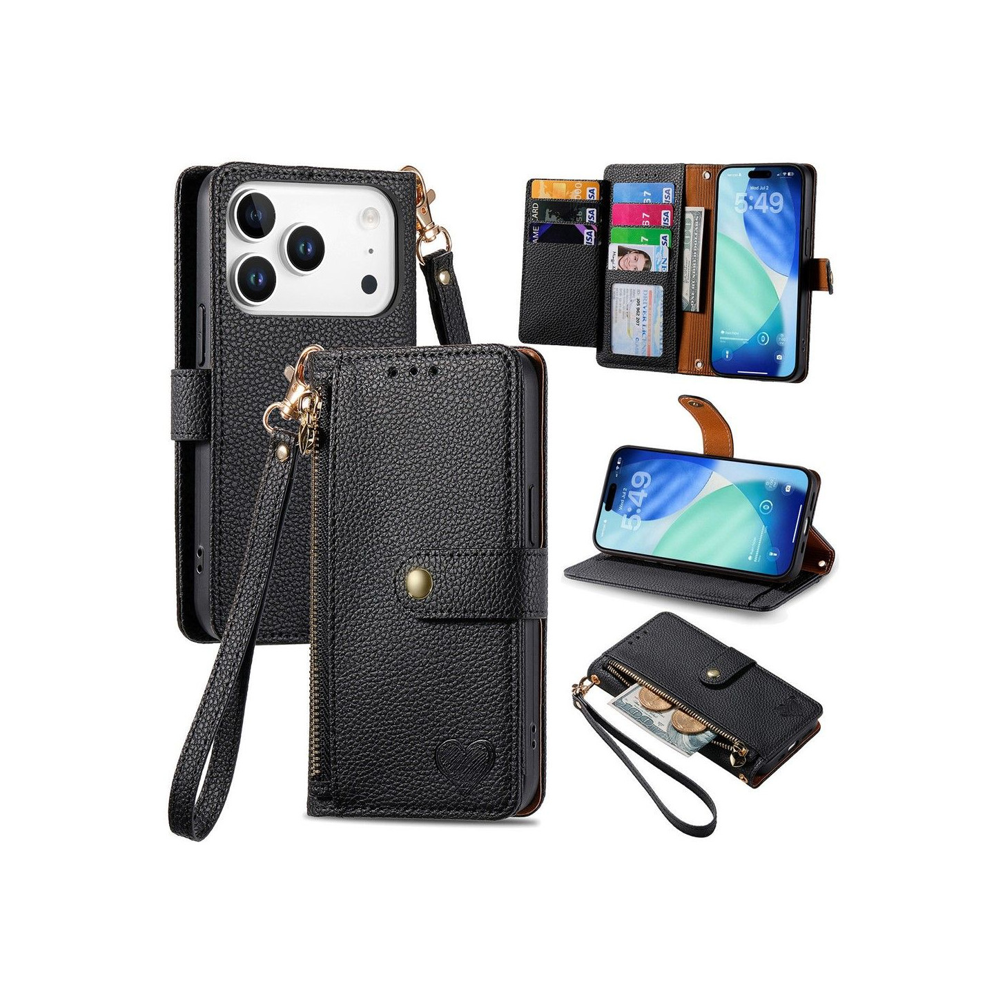 For iPhone 17 Pro Case RFID Blocking Zipper Pocket Wallet Phone Cover with Strap
