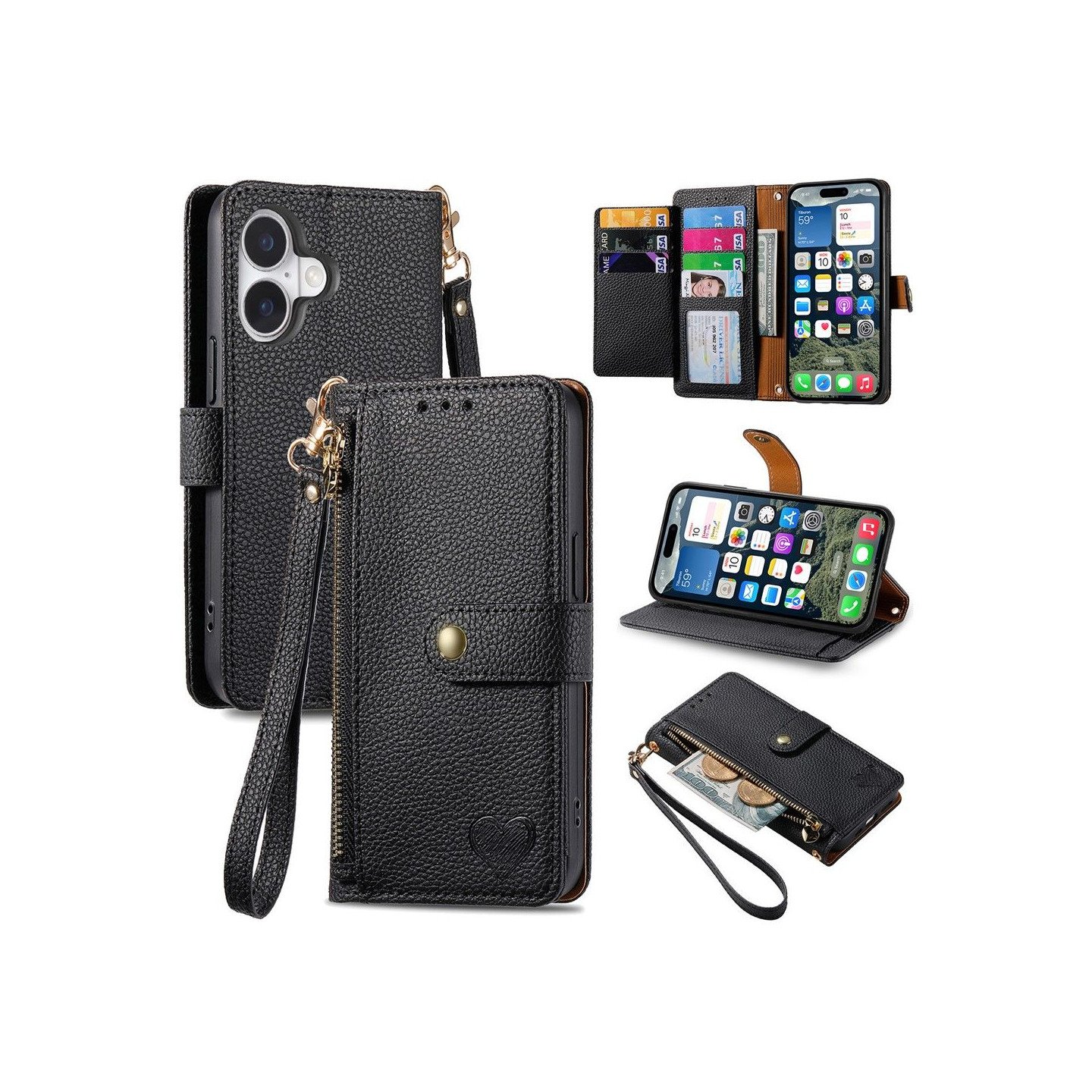For iPhone 17 Case RFID Blocking Zipper Pocket Wallet Phone Cover with Strap - Black
