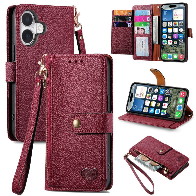 For iPhone 17 Case RFID Blocking Zipper Pocket Wallet Phone Cover with Strap