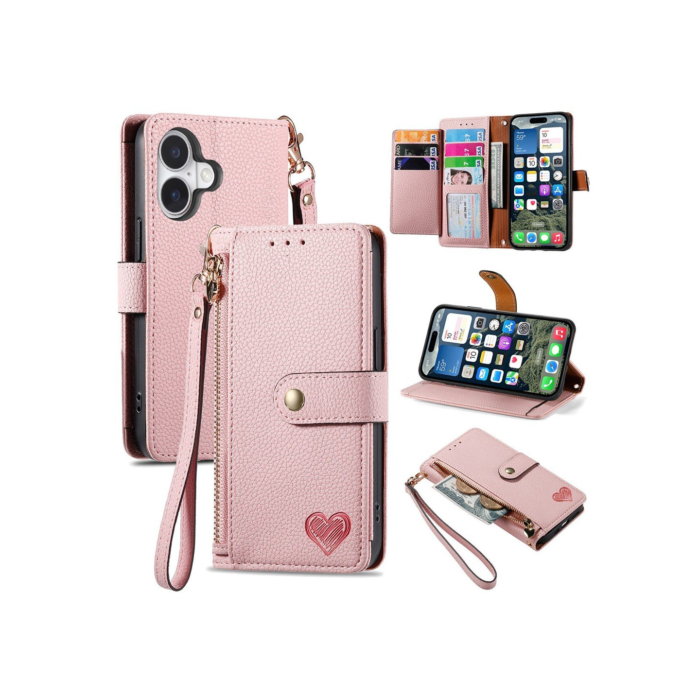 For iPhone 17 Case RFID Blocking Zipper Pocket Wallet Phone Cover with Strap