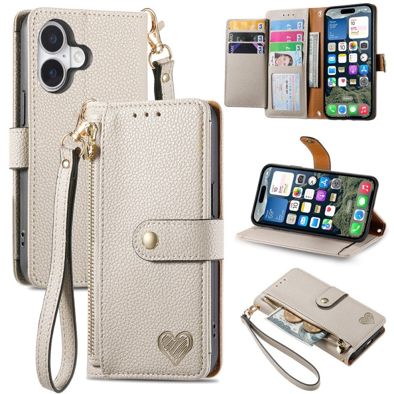 For iPhone 17 Case RFID Blocking Zipper Pocket Wallet Phone Cover with Strap