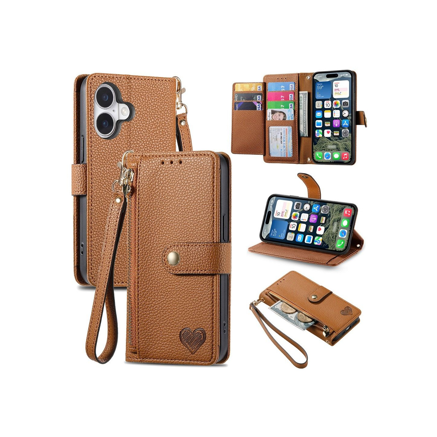 For iPhone 17 Case RFID Blocking Zipper Pocket Wallet Phone Cover with Strap