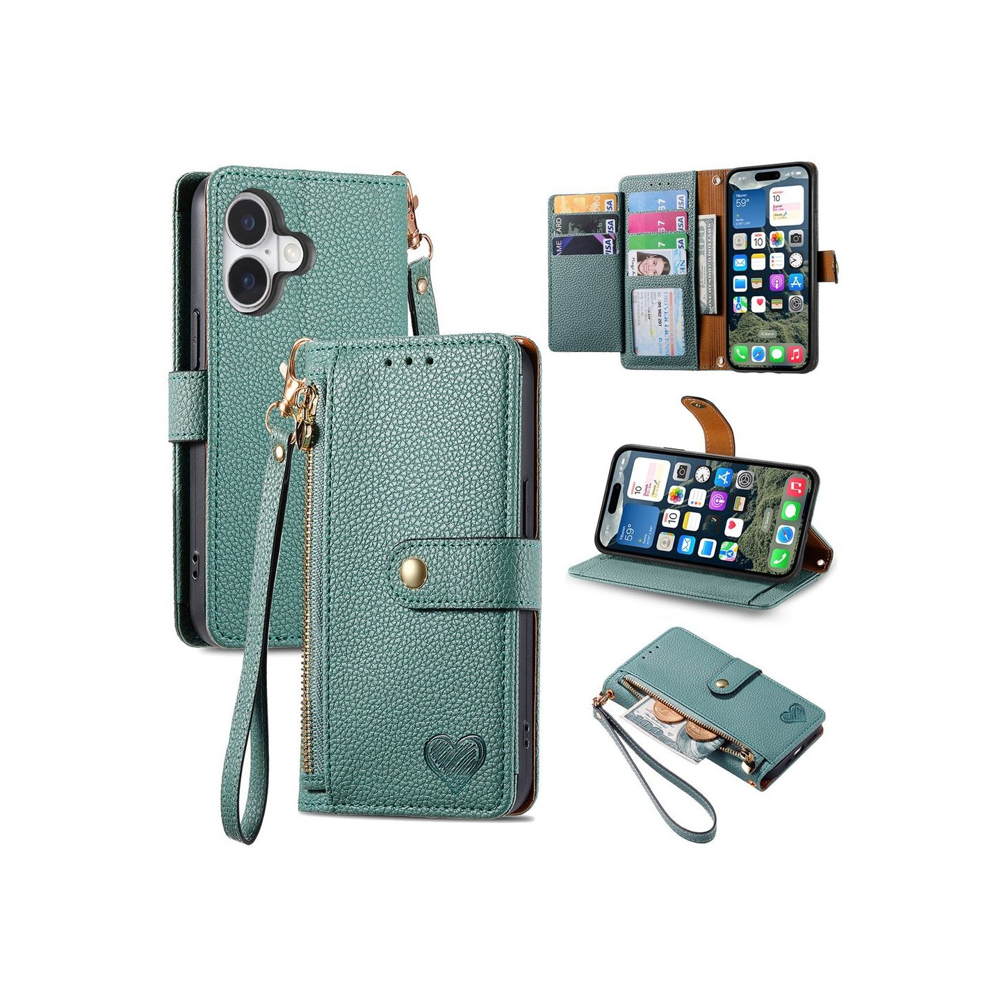 For iPhone 17 Case RFID Blocking Zipper Pocket Wallet Phone Cover with Strap