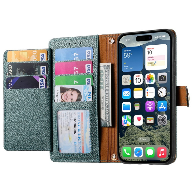 For iPhone 17 Case RFID Blocking Zipper Pocket Wallet Phone Cover with Strap