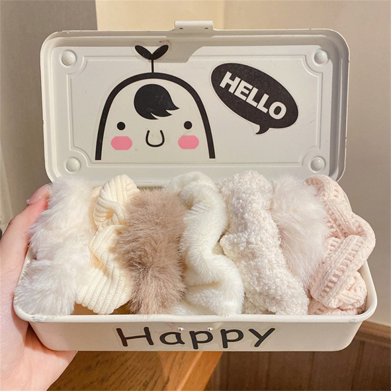 7pcs Plush Hair Ties Hair Bands Fabric Elastic Hair Bands Hair Accessory - Beige