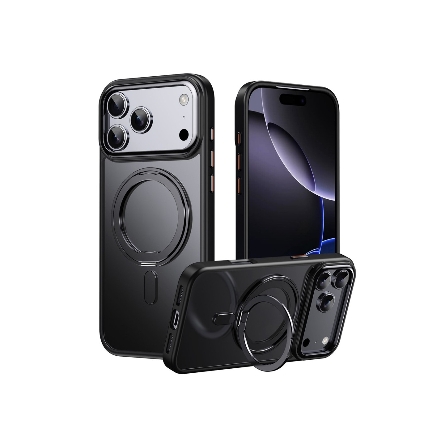 Deksel til iPhone 17 Pro, kompatibelt med MagSafe TPU akryl metall støtte matt mobildeksel svart