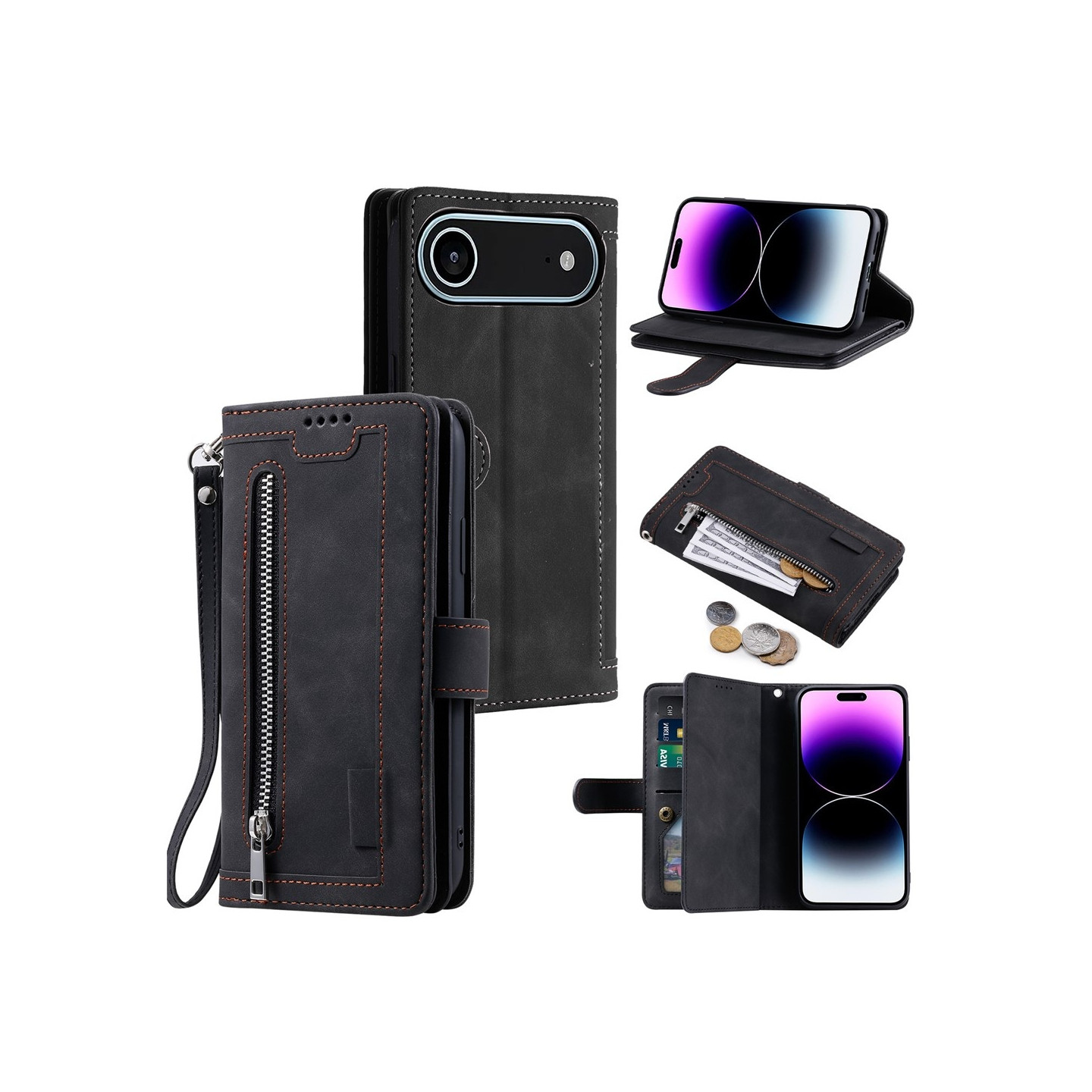 For iPhone Air Case Zipper Pocket PU Leather Phone Cover with 9 Card Slots