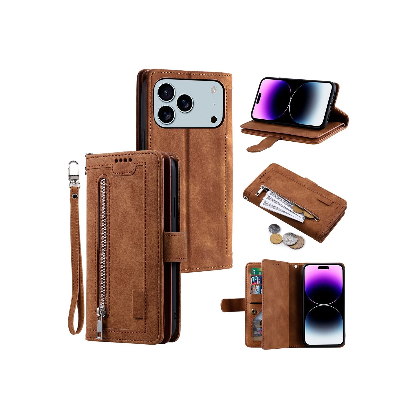 For iPhone 17 Pro Max Case Zipper Pocket PU Leather Phone Cover with 9 Card Slots