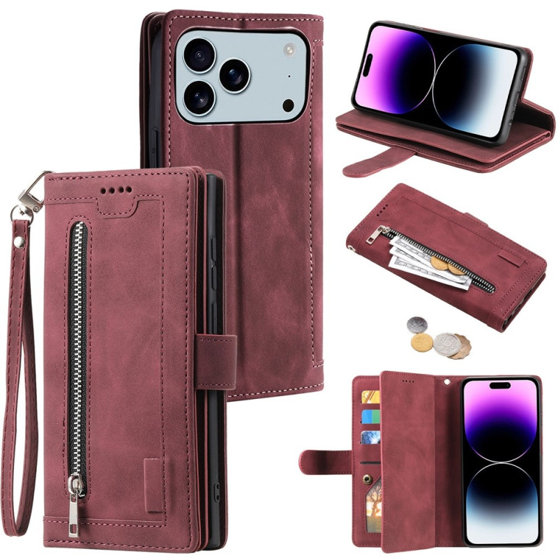 For iPhone 17 Pro Max Case Zipper Pocket PU Leather Phone Cover with 9 Card Slots