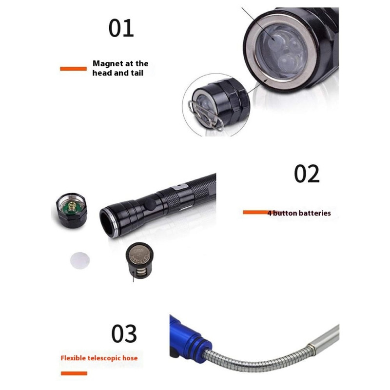 3-LED Retractable Flashlight Magnetic Pickup Tool Flexible Gooseneck Pen Clip