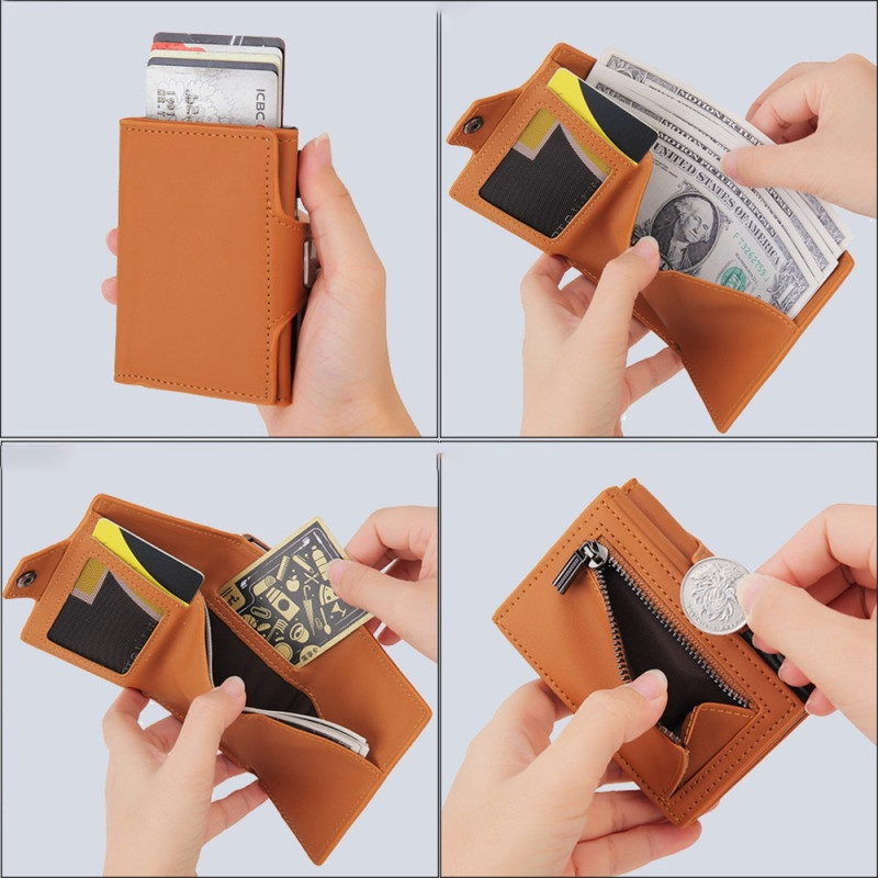 RFID Blocking ID Card Case Credit Card Holder Aluminum Alloy + PU Leather