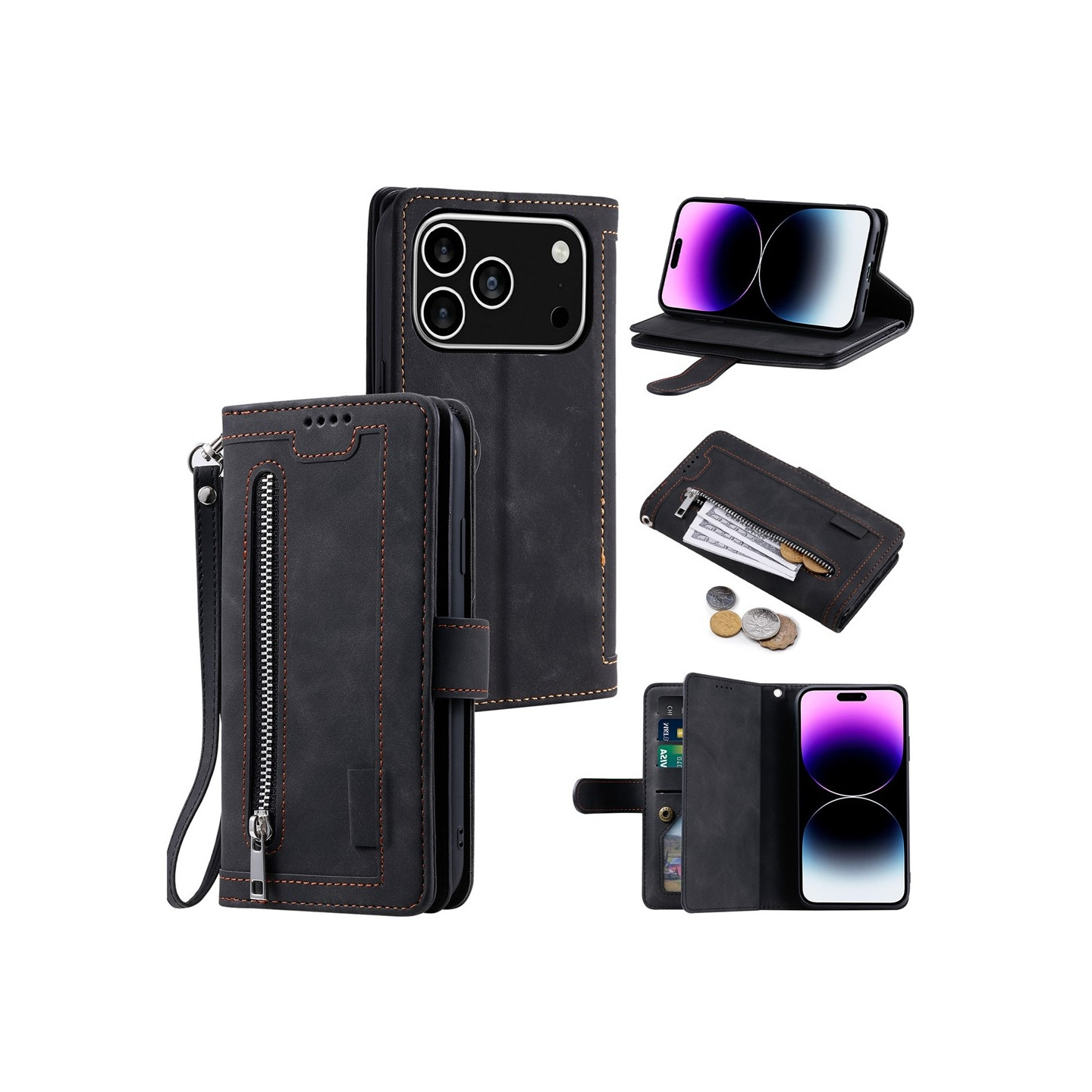 For iPhone 17 Pro Case Zipper Pocket PU Leather Phone Cover with 9 Card Slots