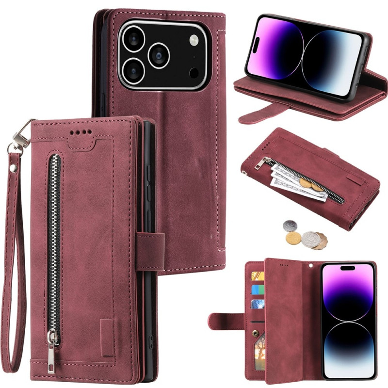 For iPhone 17 Pro Case Zipper Pocket PU Leather Phone Cover with 9 Card Slots
