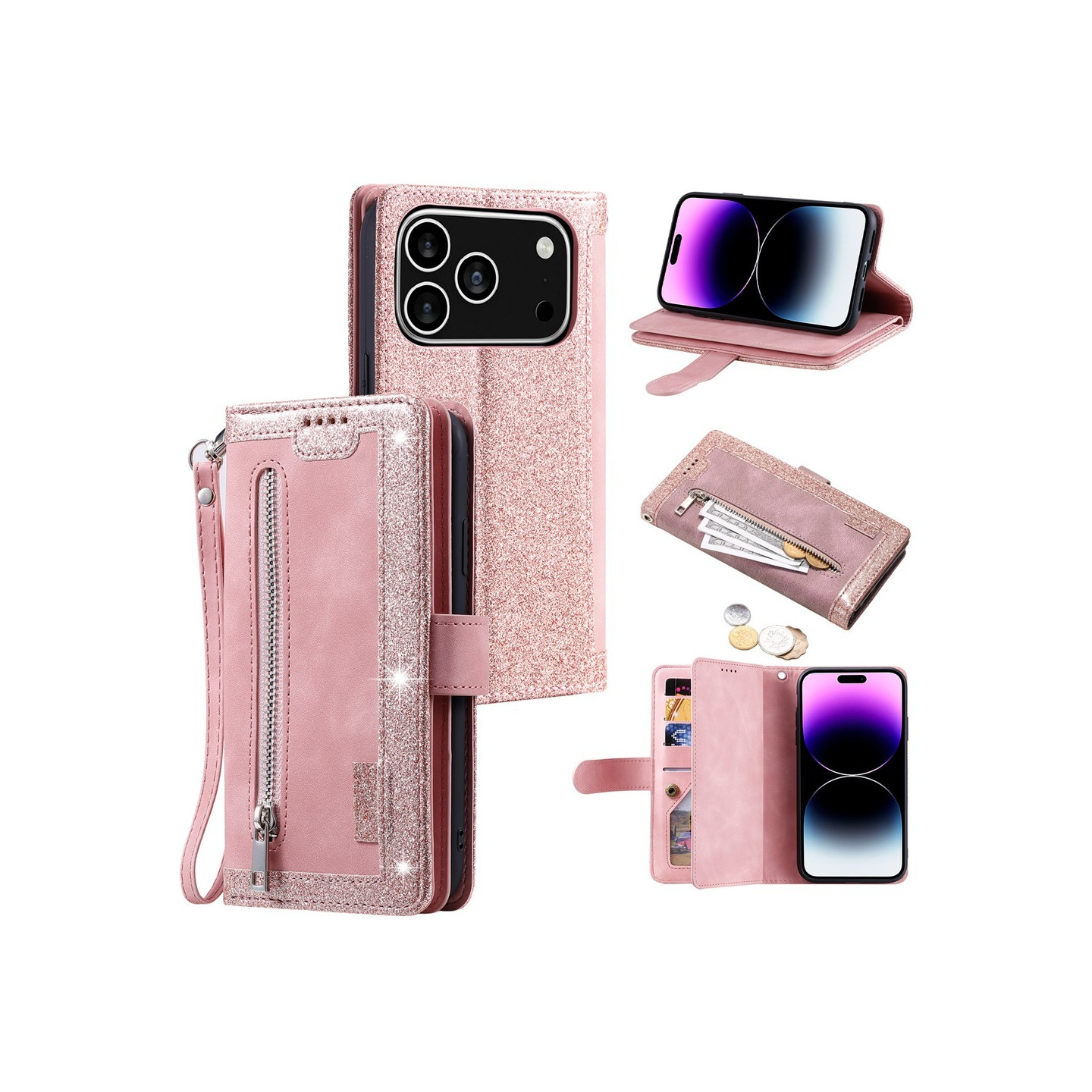 For iPhone 17 Pro Case Zipper Pocket PU Leather Phone Cover with 9 Card Slots