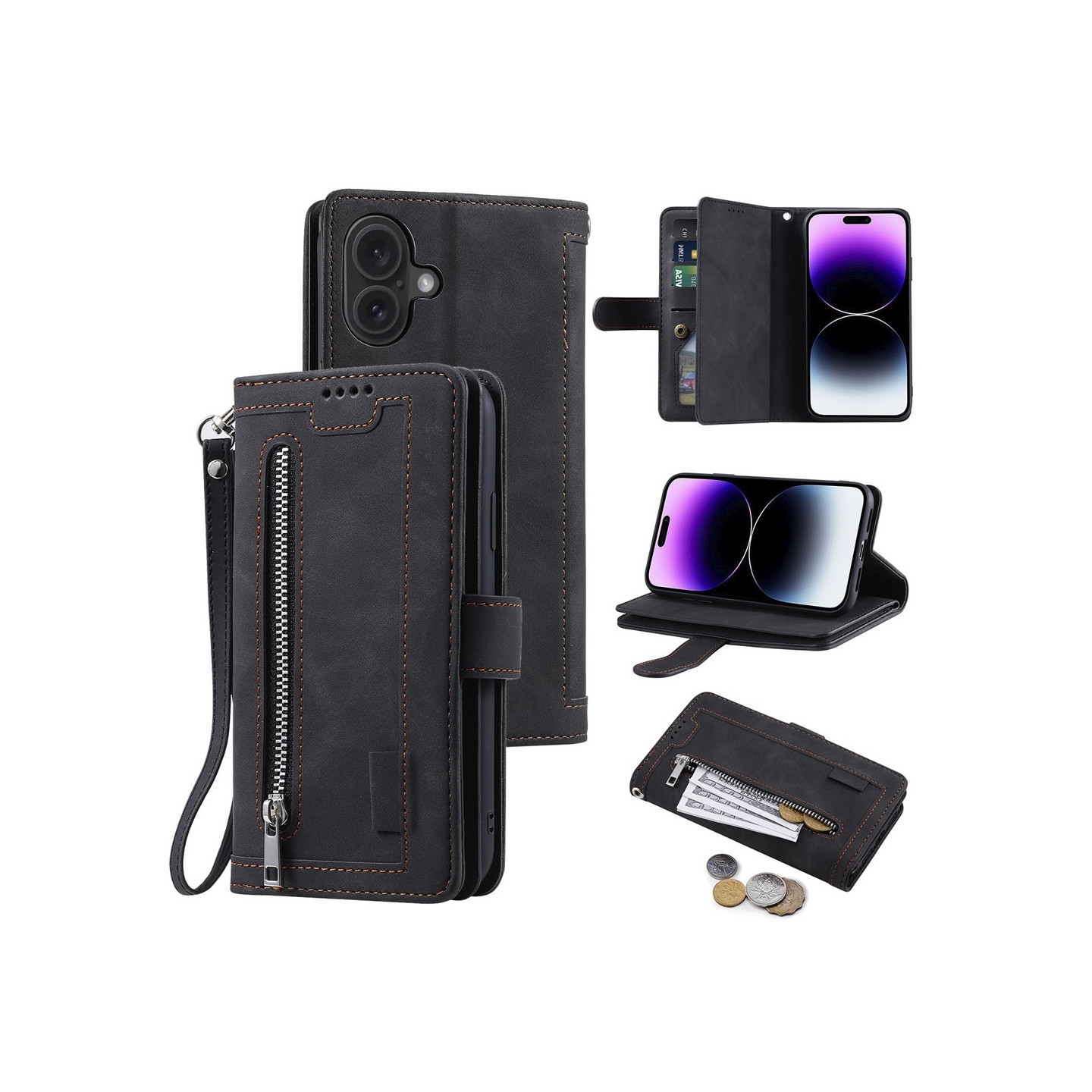 For iPhone 17 Case Zipper Pocket PU Leather Phone Cover with 9 Card Slots