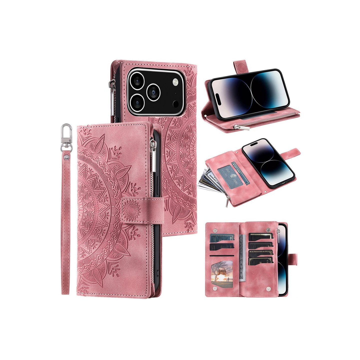 Lommeboketui kompatibelt med iPhone 17 Pro deksel etui mandala blomstermønster