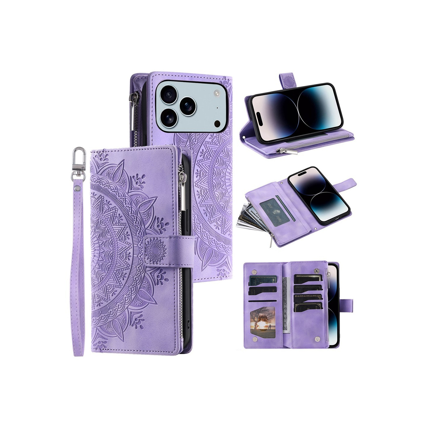 Lommeboketui kompatibelt med iPhone 17 Pro Max deksel etui mandala blomstermønster