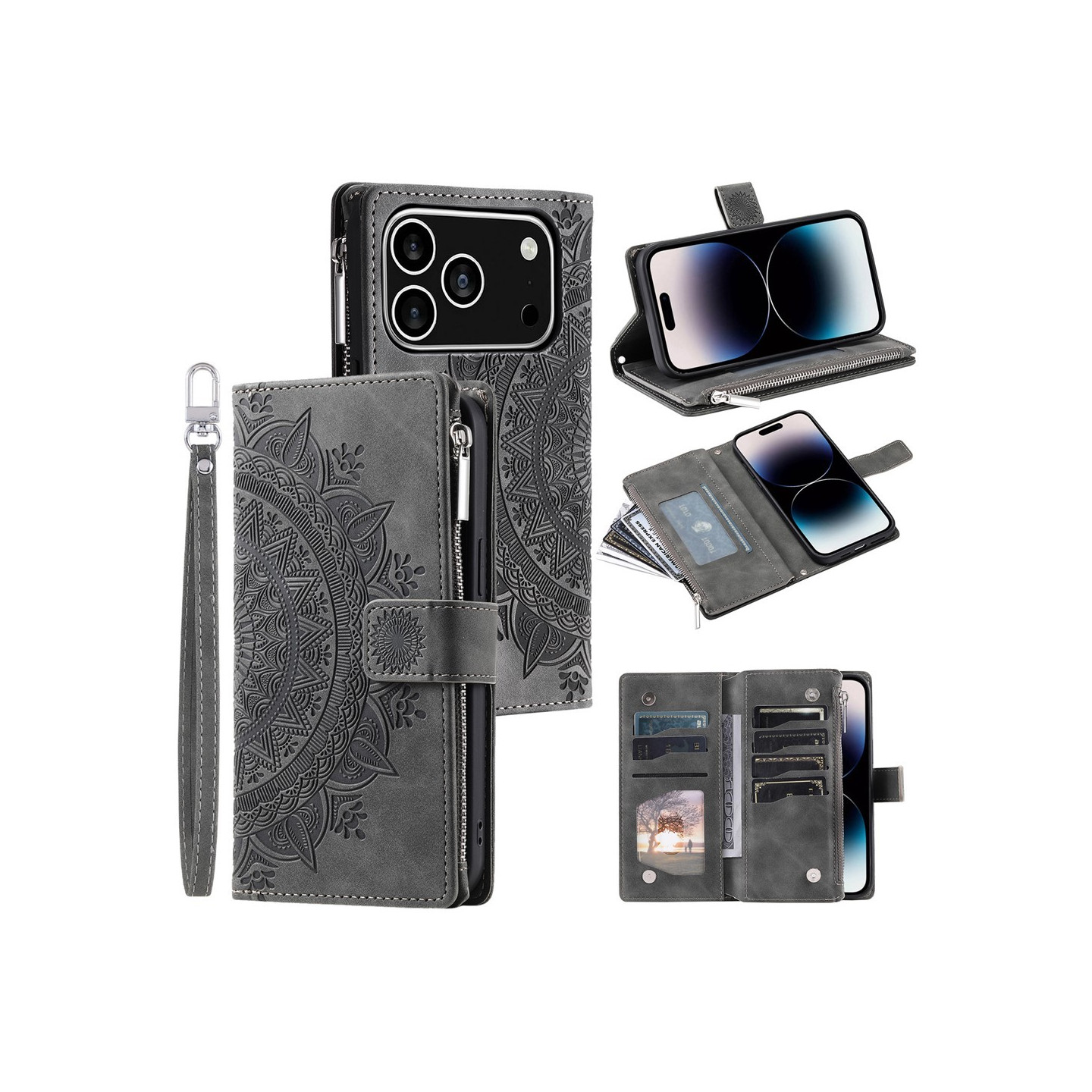 Wallet case compatible with iPhone 17 Pro case cover mandala floral pattern