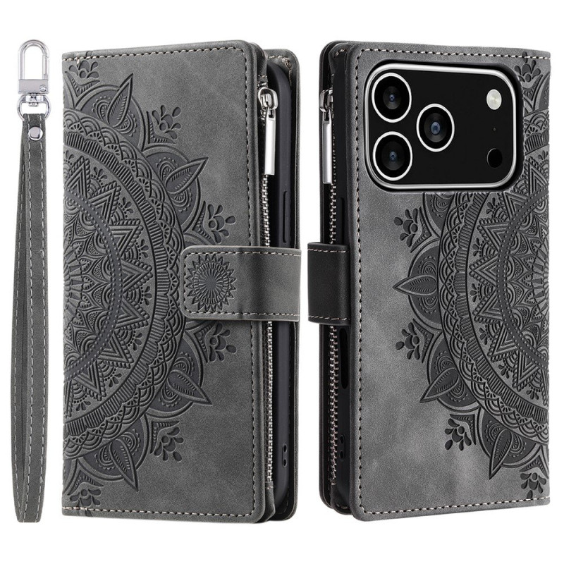 Pungetui kompatibelt med iPhone 17 Pro cover etui mandala blomstermønster - Grå