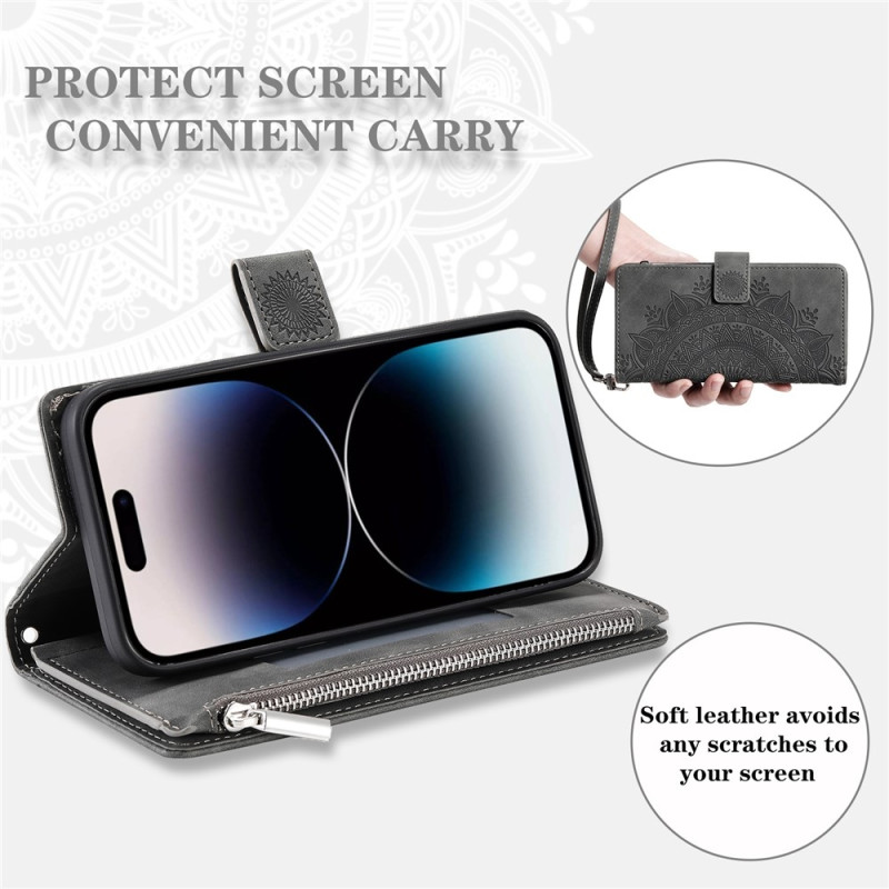 Pungetui kompatibelt med iPhone 17 Pro cover etui mandala blomstermønster - Grå