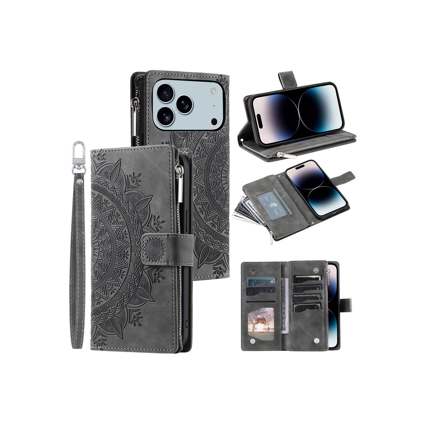 Lommeboketui kompatibelt med iPhone 17 Pro Max deksel etui mandala blomstermønster