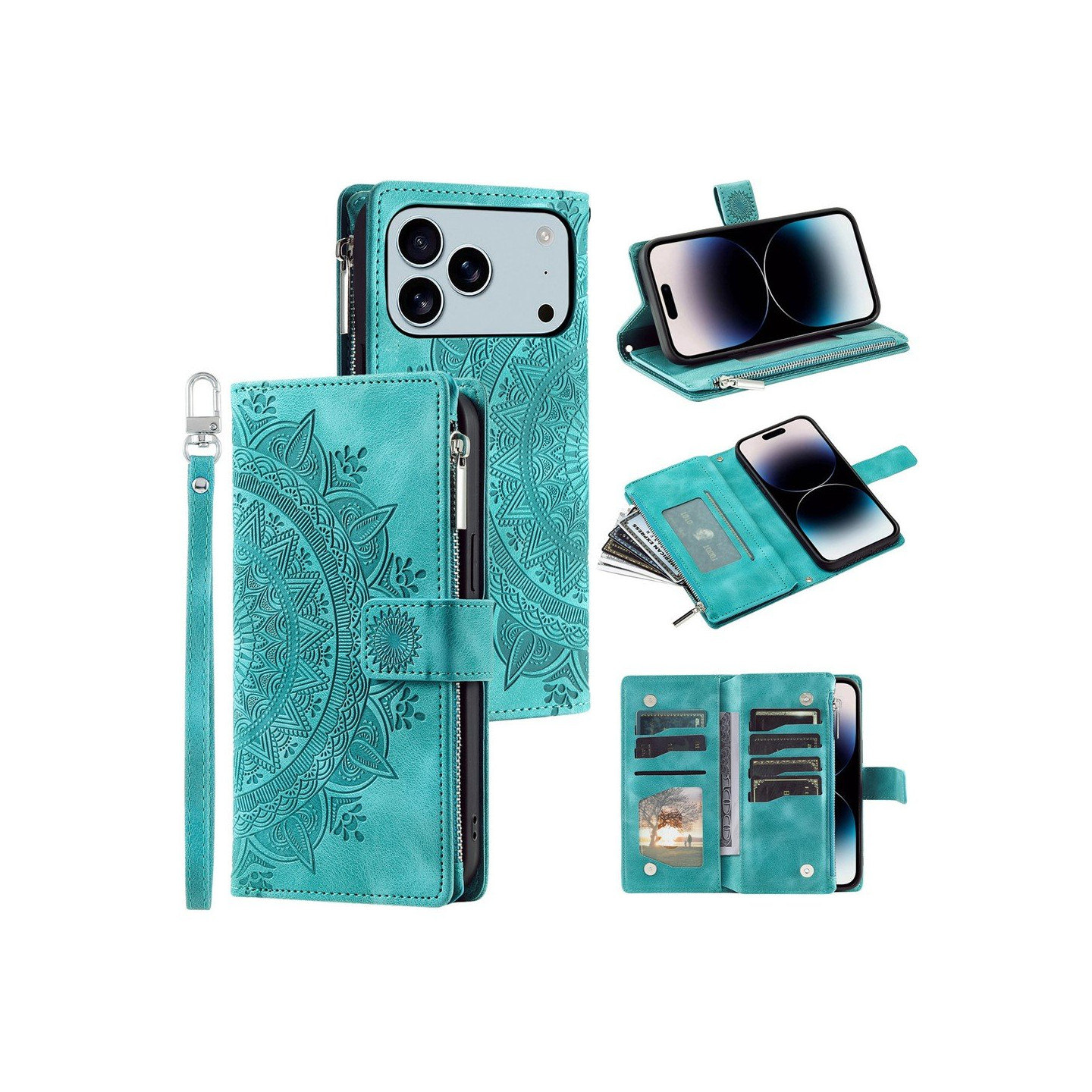 Pungetui kompatibelt med iPhone 17 Pro Max cover etui mandala blomstermønster - minst