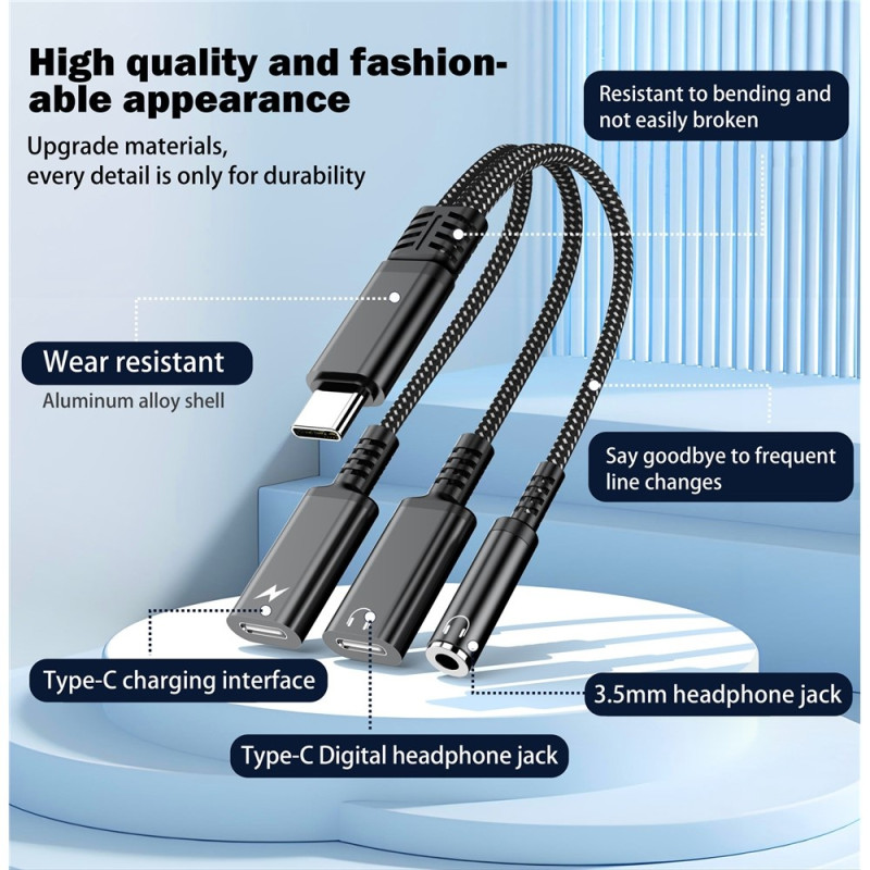 Aux-adapter 60W USB-C til 3,5 mm + USB-C hovedtelefoner + USB-C PD-opladning
